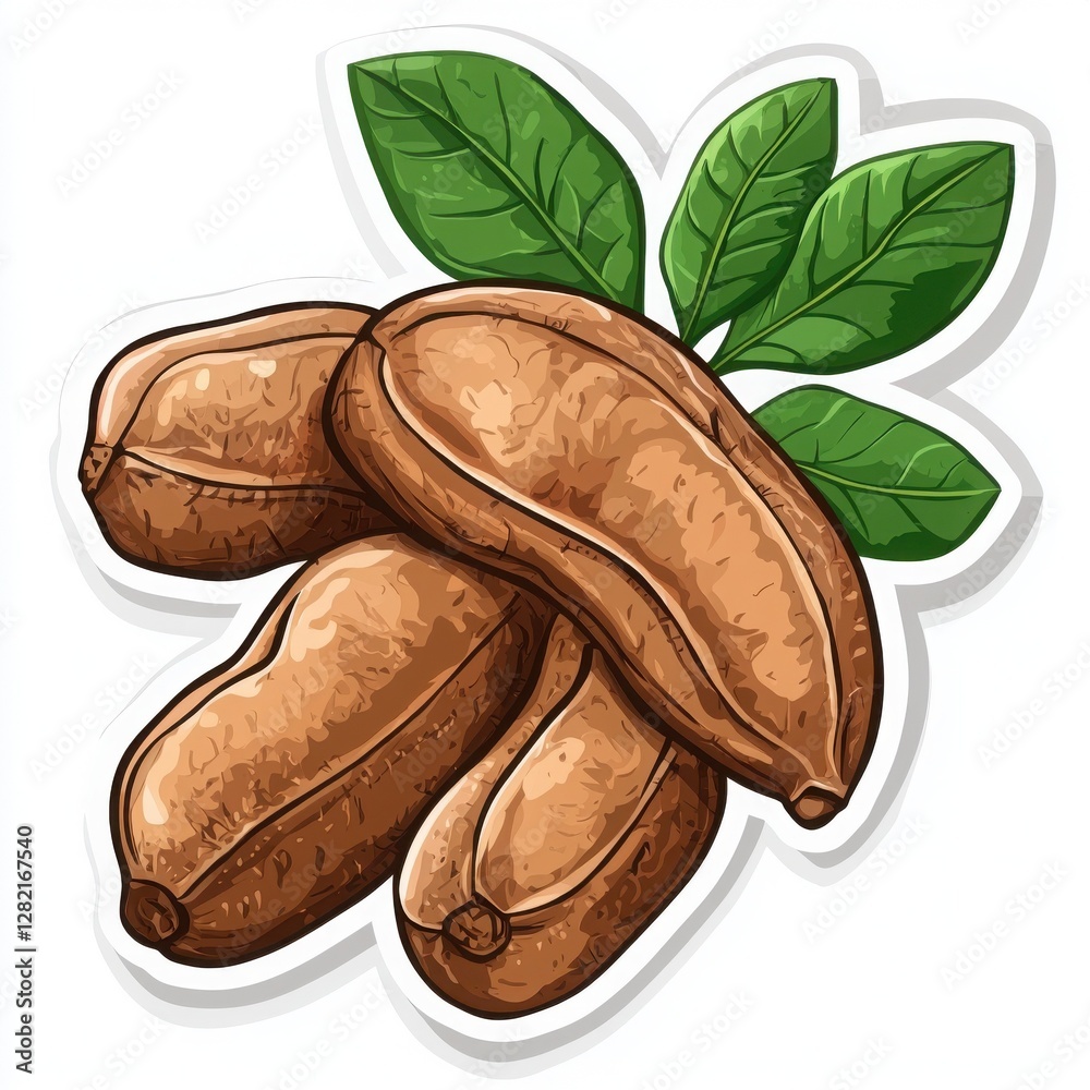 Obraz premium Close-up of three ripe brown nuts with vibrant green leaves. A healthy and natural image.