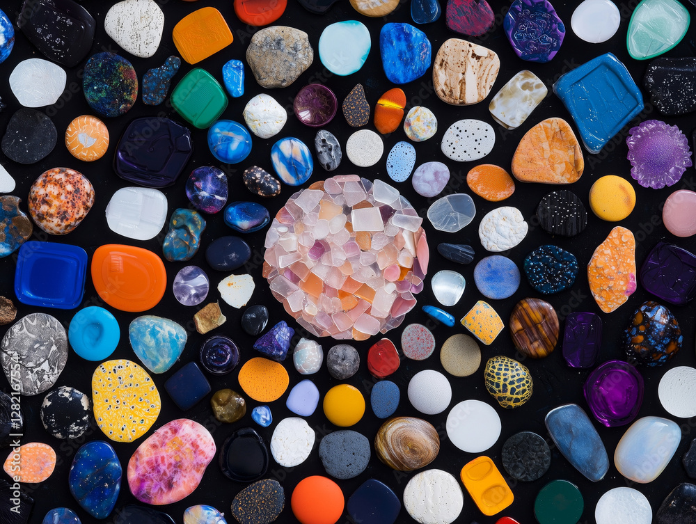 A vibrant assortment of gemstones and minerals arranged artistically on a dark background. The circular centerpiece contrasts beautifully with the surrounding colorful stones. A vibrant assortment of gemstones and minerals arranged artistically on a dark background. The circular centerpiece contrasts beautifully with the surrounding colorful stones.