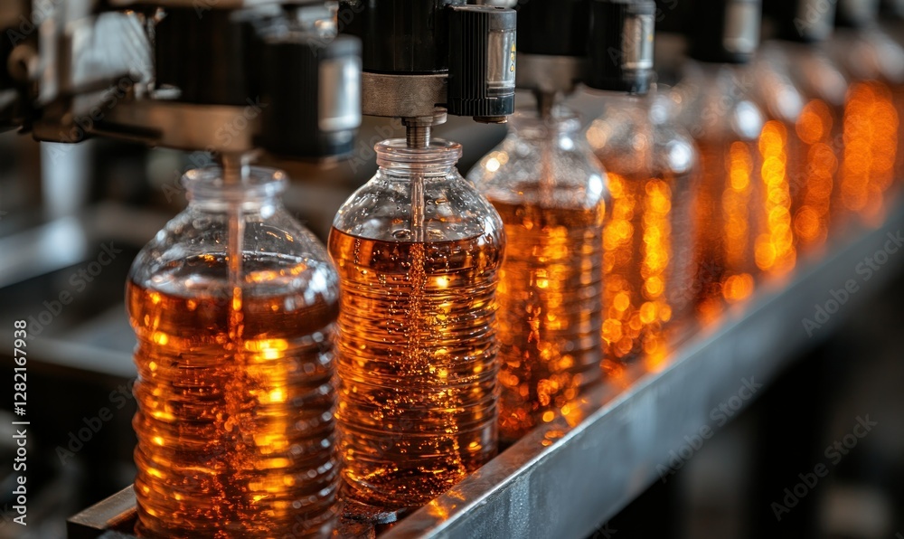 Bottles of Amber Liquid on Production Line in Industrial Factory Environment for Beverage Industry