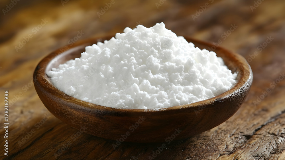 White powder in wooden bowl on rustic table.  Possible use Food product display