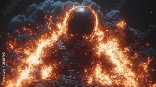 Fiery Astronaut Surrounded by Flames and Smoke