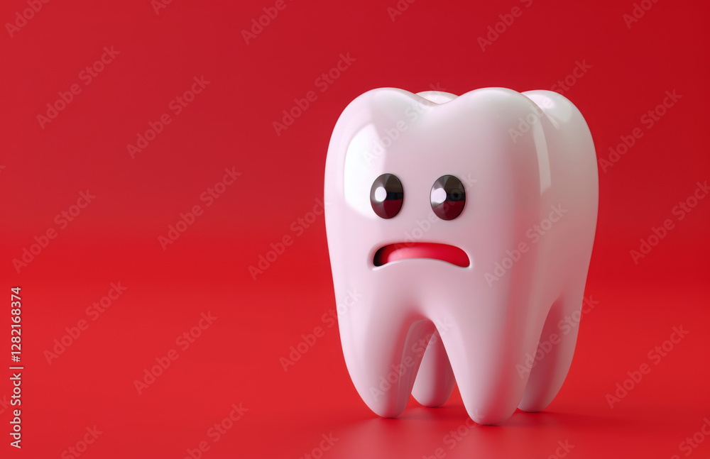 Cartoon tooth is looking sad on a red background