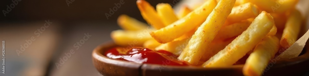 Crunchy French fries dipped into a side of ketchup sauce , snack, food Crunchy French fries dipped into a side of ketchup sauce , snack, food