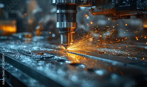High-tech laser cutting machine creating sparks in industrial manufacturing environment