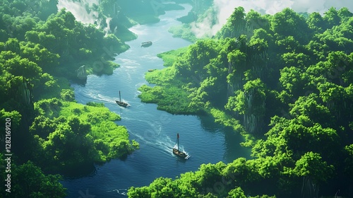 Serene river journey through lush jungle landscape amazon rainforest aerial view nature photography tranquil atmosphere