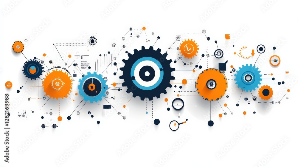 Colorful gears and abstract shapes representing technology and innovation in a digital workspace Colorful gears and abstract shapes representing technology and innovation in a digital workspace