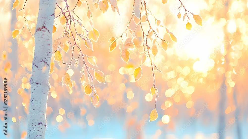 Fototapeta premium Golden autumn leaves hang from birch tree branches in a sunny forest during sunset.