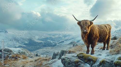 Brown scottish highland cow standing in a mountain landscape. photo