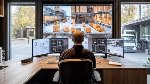 A man sits monitoring warehouse logistics on multiple computer screens