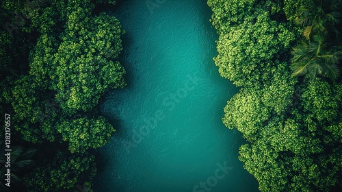 Aerial view of a river between dense forest, for environmental awareness photo
