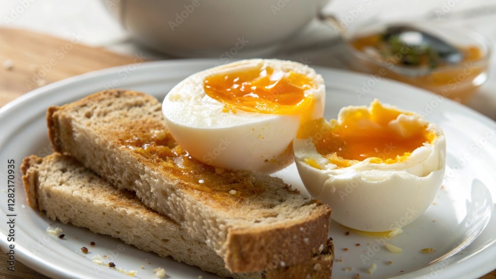 Soft-boiled egg with runny yolk and toast on a white plate. Soft-boiled egg with runny yolk and toast on a white plate.