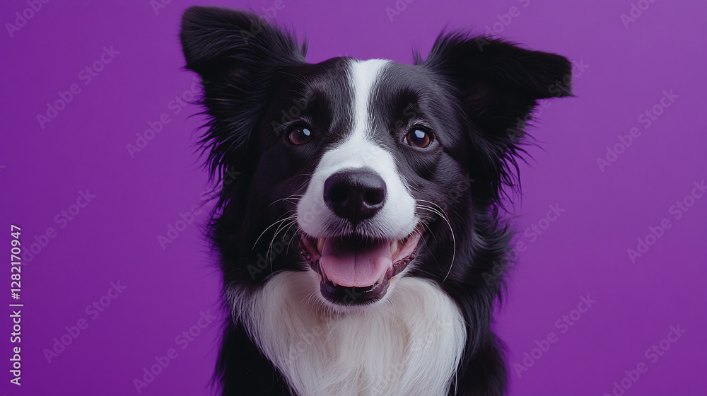 Portrait of a happy border collie dog on a violet background with space for text. Portrait of a happy border collie dog on a violet background with space for text.