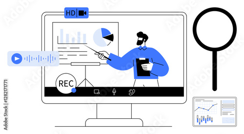 Business professional giving a presentation on monitor with charts, recording indicator, and audio icon. Ideal for remote work, webinars, virtual meetings, online lectures, business analytics