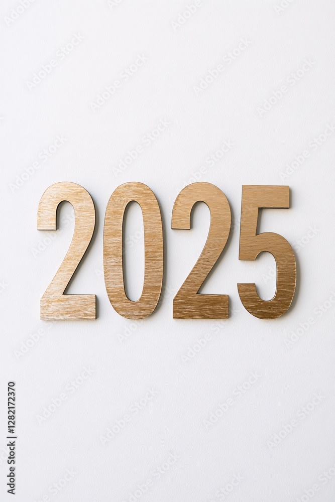 2025 in golden wooden numbers lying on white background 2025 in golden wooden numbers lying on white background