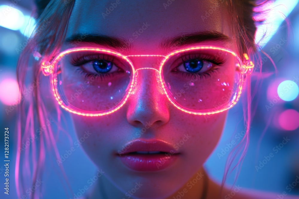 Unique portrait of a young person wearing illuminated glasses with vibrant colors in a nightlife setting Unique portrait of a young person wearing illuminated glasses with vibrant colors in a nightlife setting