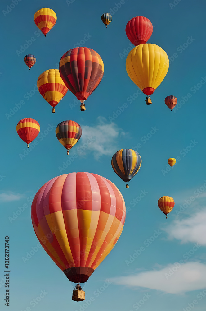soaring Dreams: A fleet of vibrant hot air balloons paints the sky with a kaleidoscope of colors. Capturing the magic of adventure and freedom against a stunning blue canvas. soaring Dreams: A fleet of vibrant hot air balloons paints the sky with a kaleidoscope of colors. Capturing the magic of adventure and freedom against a stunning blue canvas.