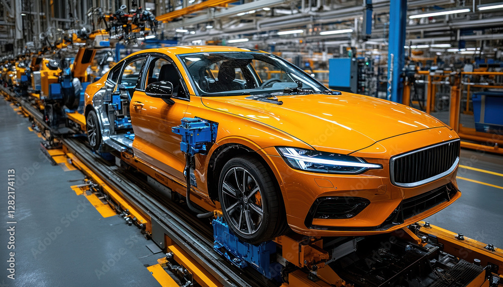 Orange Sedan in Modern Automotive Assembly Line with Robotic Machinery and Equipment Nearby Orange Sedan in Modern Automotive Assembly Line with Robotic Machinery and Equipment Nearby