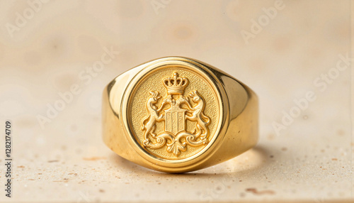 Gold signet ring with family crest, timeless heritage symbol