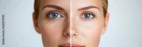 Comparison of aging and youthfulness in a womans face showcasing contrasting skin textures and features. Generative AI