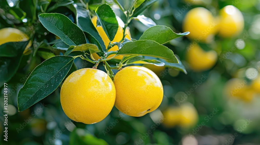 Ripe lemons on tree branch, sunny orchard, blurred background, healthy food image Ripe lemons on tree branch, sunny orchard, blurred background, healthy food image