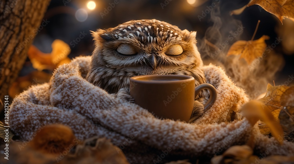 Obraz premium Owl Wrapped in Warm Scarf, Holding Cup in Paws, Surrounded by Autumn Leaves, Soft Light and Cozy Atmosphere with Gentle Glow in Background