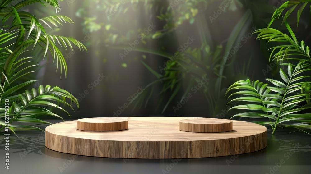 Luxurious Product Display on Teak Wood Podium in Tropical Setting Luxurious Product Display on Teak Wood Podium in Tropical Setting