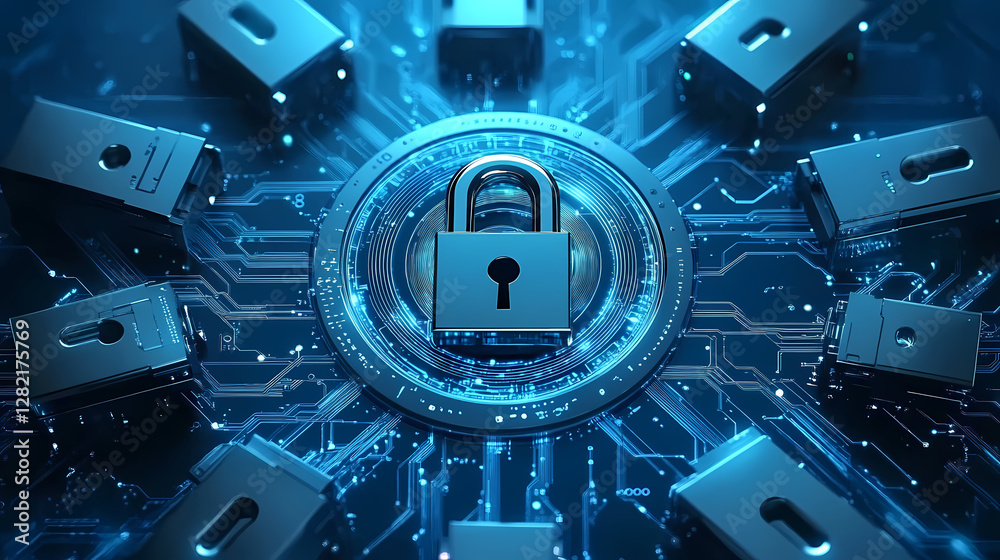 Fototapeta premium Blue Cybersecurity Illustration with Silver Locks and Digital Codes