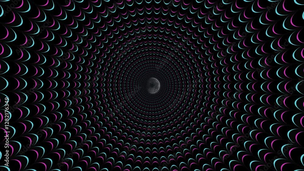 Circular psychedelic tunnel rotating, geometric 3d animation, optical illusion loop footage abstract background for vj, dj, template, meditation, intro video. Central perspective