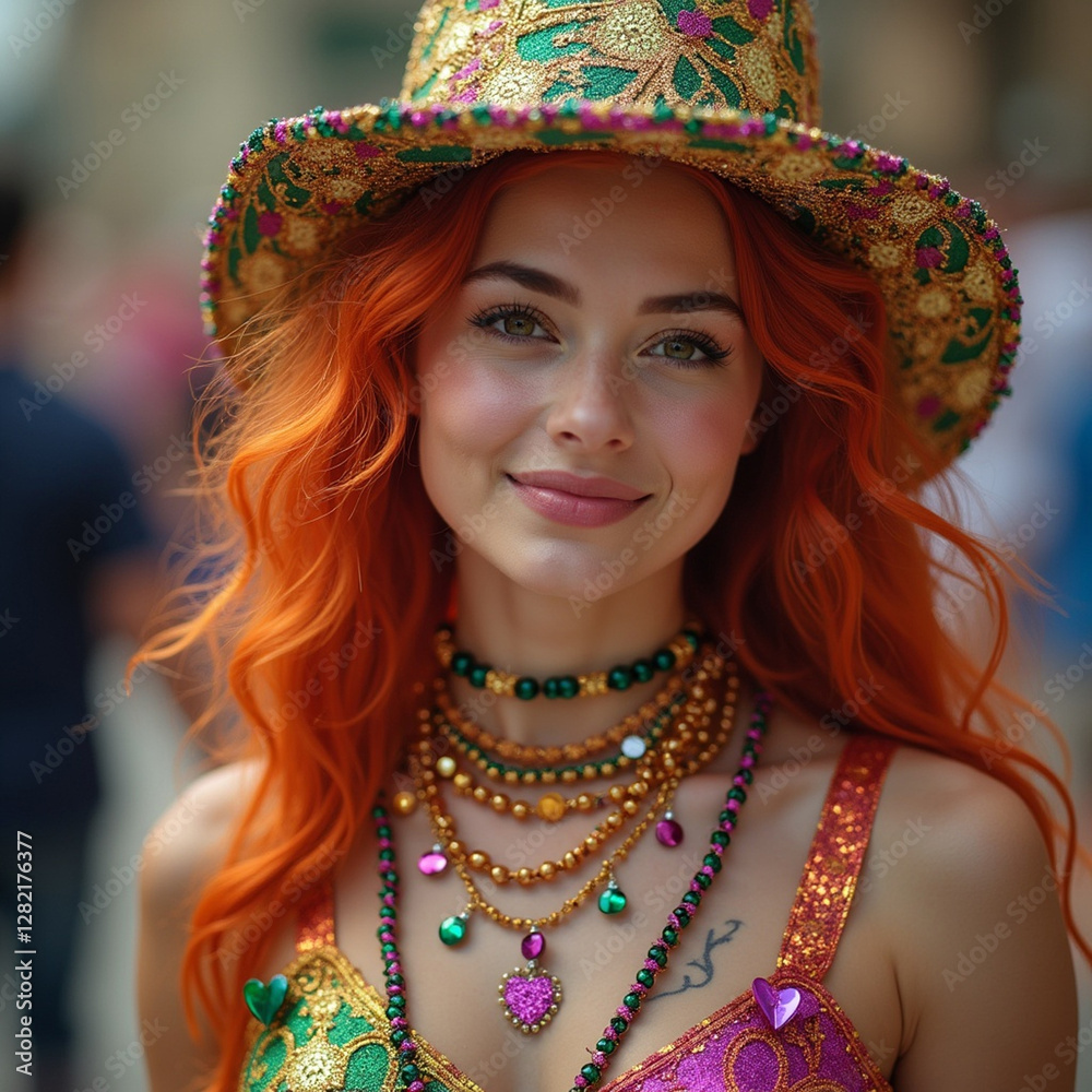 Obraz premium beautiful young smiling woman wearing colorful costume and beads necklace attending New Orleans French Quarter Mardi Gras celebration 