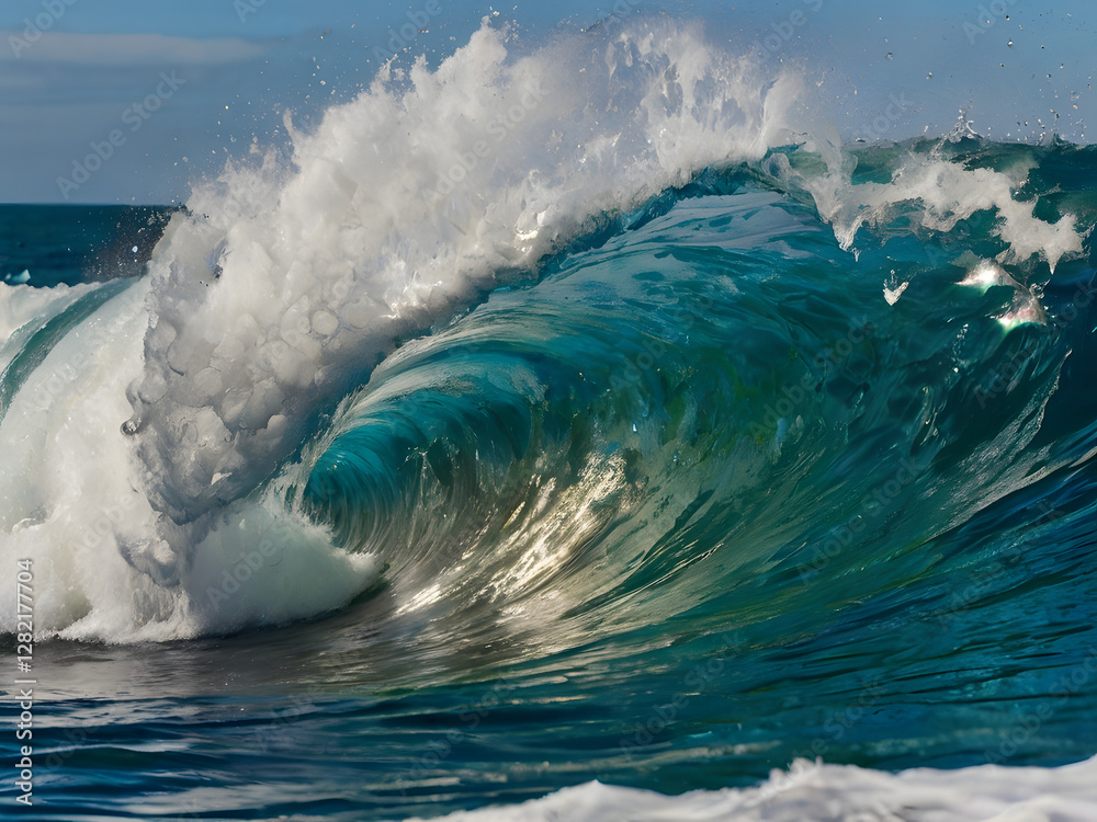 Wave's Majestic Curl: Captivating image of a powerful ocean wave at its crest, demonstrating nature's raw energy and dynamic beauty, capturing the transparent turquoise water and the foamy spray. Wave's Majestic Curl: Captivating image of a powerful ocean wave at its crest, demonstrating nature's raw energy and dynamic beauty, capturing the transparent turquoise water and the foamy spray.
