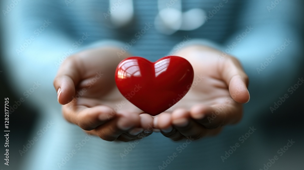 Doctor's hands holding a heart, medical care, blurred background Doctor's hands holding a heart, medical care, blurred background
