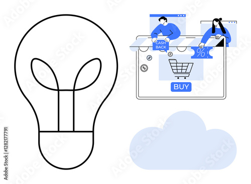 Lightbulb outline next to illustration of online shopping with Buy button, cashback and discount visuals, people browsing. Ideal for e-commerce, innovation, marketing, business strategy, technology
