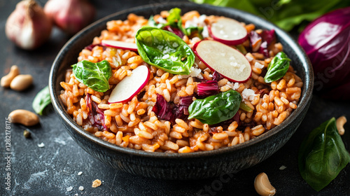 Delicious homemade red risotto with radicchio and parmesan in a bowl on a kitchen table symbolizing comfort gourmet cuisine and modern culinary art with vibrant flavors and fresh ingredients

 photo