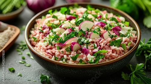 Delicious homemade red risotto with radicchio and parmesan in a bowl on a kitchen table symbolizing comfort gourmet cuisine and modern culinary art with vibrant flavors and fresh ingredients

 photo