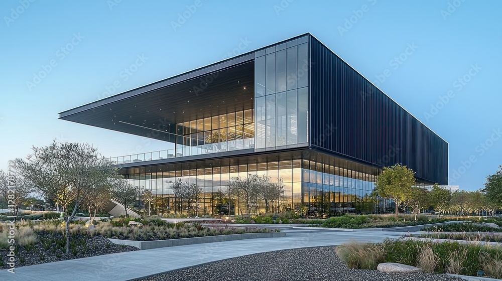 Obraz premium Contemporary architecture. Modern glass building, landscaping, and a sunset sky