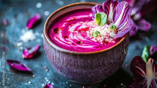 Delicious homemade red risotto with radicchio and parmesan in a bowl on a kitchen table symbolizing comfort gourmet cuisine and modern culinary art with vibrant flavors and fresh ingredients

 photo