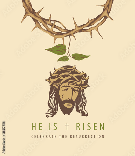 Easter banner or greeting card with portrait of crying Jesus Christ wearing crown of thorns and a young twig on light background. Vector illustration on religious theme with Son of God