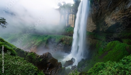 Majestic waterfalls surrounded by dense mist, with water cascading from great heights, creating a dramatic and awe-inspiring natural scene perfect for adventure and nature photography.