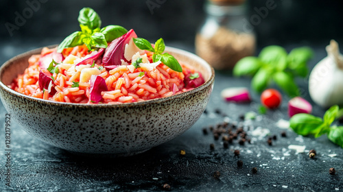 Delicious homemade red risotto with radicchio and parmesan in a bowl on a kitchen table symbolizing comfort gourmet cuisine and modern culinary art with vibrant flavors and fresh ingredients

 photo