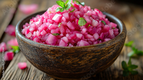 Delicious homemade red risotto with radicchio and parmesan in a bowl on a kitchen table symbolizing comfort gourmet cuisine and modern culinary art with vibrant flavors and fresh ingredients

 photo