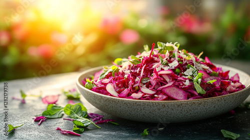 Delicious homemade red risotto with radicchio and parmesan in a bowl on a kitchen table symbolizing comfort gourmet cuisine and modern culinary art with vibrant flavors and fresh ingredients

 photo