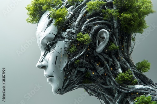 Nature and technology merge in an intricate humanoid figure showcasing robotic features and lush greenery