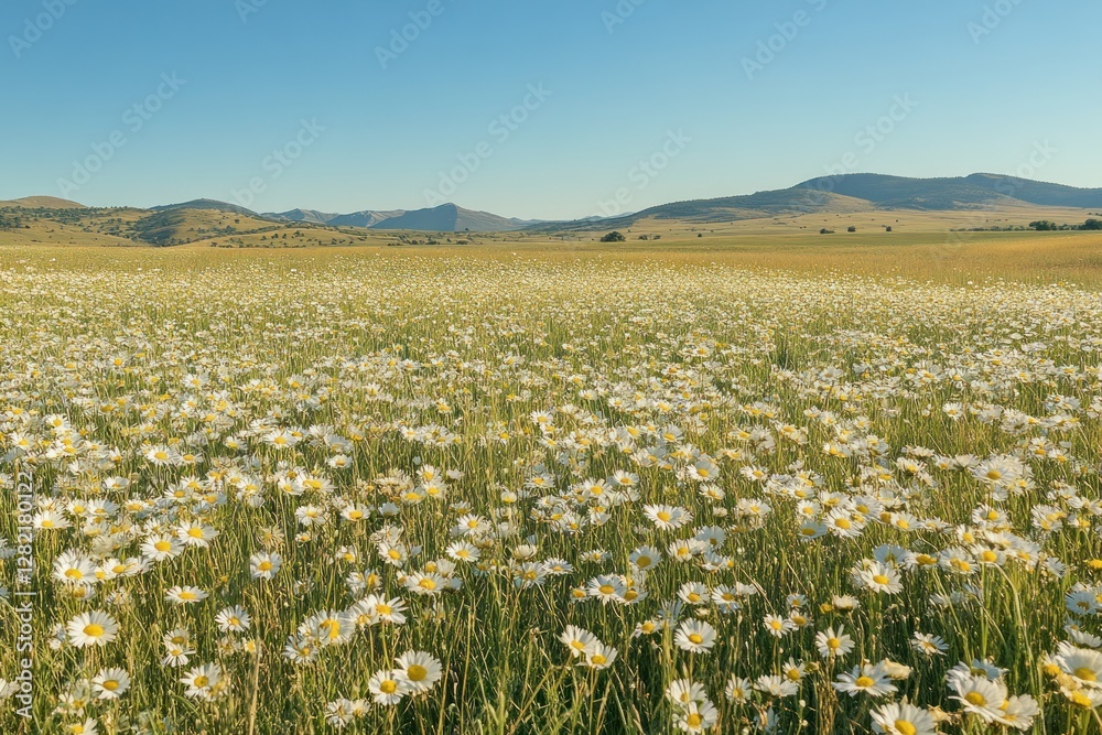 Fototapeta premium Daisies bloom in a vast field under a clear sky near mountains