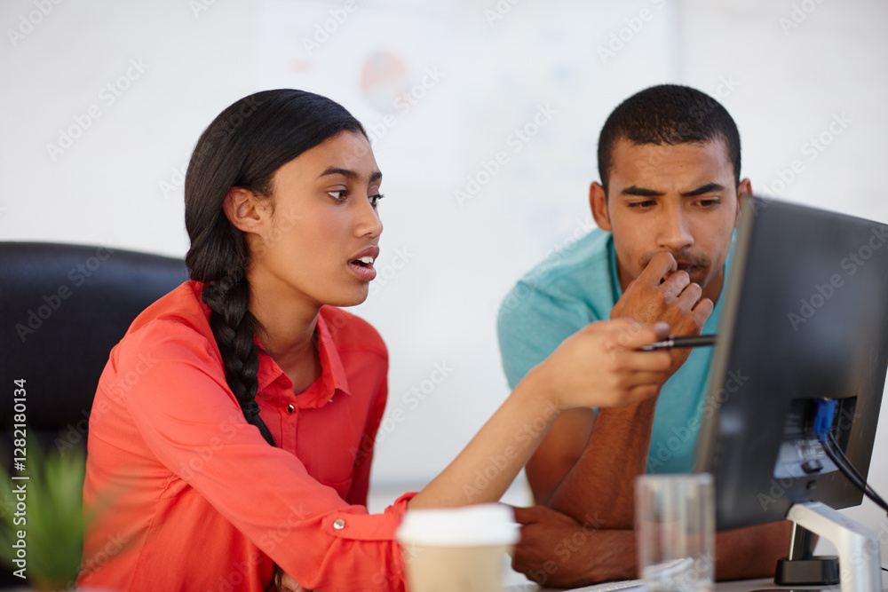 Team, business people and help on computer for problem solving, advice or training in meeting. Planning, creative startup and mentor coaching intern for product design ideas, assistance or discussion