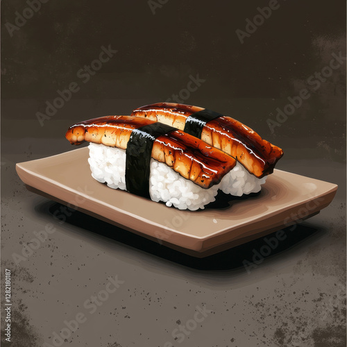 Delicious Japanese Sushi Dish with Grilled Eel on Rice Plate