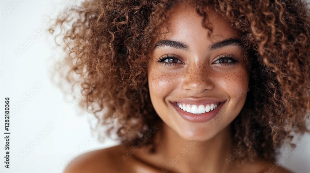 Portrait of a beautiful smiling American woman with curly hair, realistic 4k photography Portrait of a beautiful smiling American woman with curly hair, realistic 4k photography