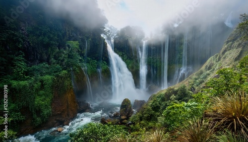 Majestic waterfalls surrounded by dense mist, with water cascading from great heights, creating a dramatic and awe-inspiring natural scene perfect for adventure and nature photography.