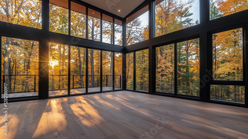 modern glass house in forest during autumn sunset 