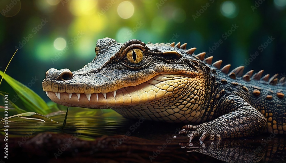 Fototapeta premium Crocodile resting by the water in lush tropical habitat during golden hour
