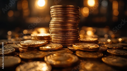 Stacked golden coins illuminated by soft lighting, creating a rich and luxurious atmosphere